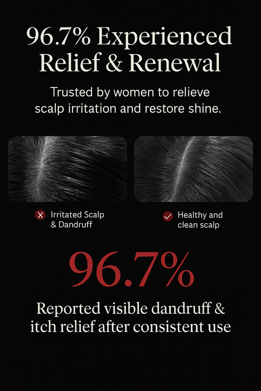 Flat lay of natural oils, a scalp massage comb, herbal tea, and fresh greens representing natural scalp health remedies.