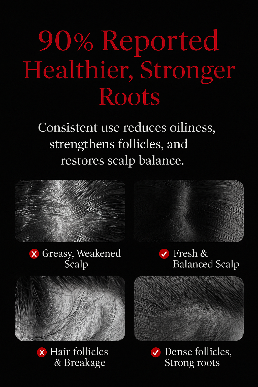 Woman sitting calmly in a cozy bedroom, using a red light scalp massage comb while sipping herbal tea.