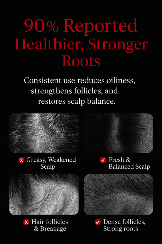 Woman sitting calmly in a cozy bedroom, using a red light scalp massage comb while sipping herbal tea.