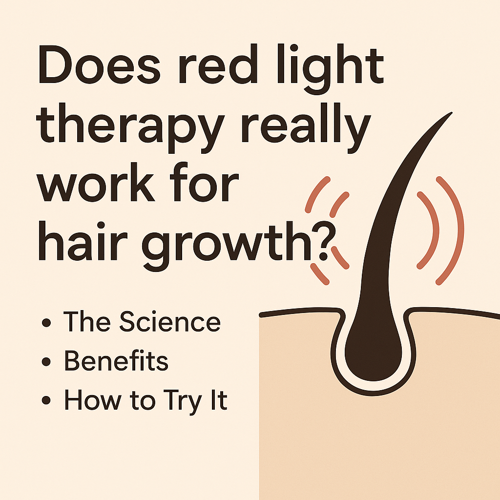 Illustration of a hair follicle with red light beams showing therapy, alongside the text ‘Does red light therapy really work for hair growth?’ with bullet points: The Science, Benefits, How to Try It.
