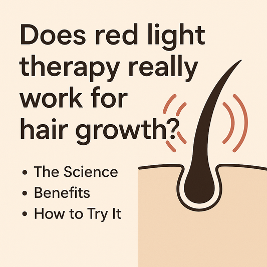 Illustration of a hair follicle with red light beams showing therapy, alongside the text ‘Does red light therapy really work for hair growth?’ with bullet points: The Science, Benefits, How to Try It.
